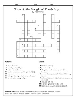 Preview of "Lamb to the Slaughter" Roal Dahl Vocabulary Crossword Puzzle (WITH Word Bank)
