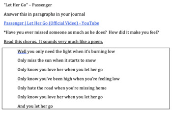 Preview of Missing Someone or Something - "Let Her Go" song writing prompt