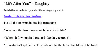 Preview of Relationships/Letting Go - "Life After You" - Daughtry song writing prompt