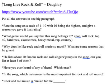 Preview of "Long Live Rock & Roll" - Daughtry song journal writing prompt