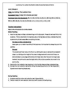 Preview of "Lou Gehrig: The Luckiest Man Alive" Basal Reader Lesson Plan