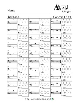 Preview of "Mad Music": Baritone- Concert Eb Scale! Fingering/Note identification for Band