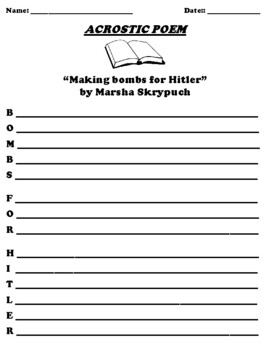 Preview of “Making bombs for Hitler” by Marsha Skrypuch ACROSTIC POEM WORKSHEET