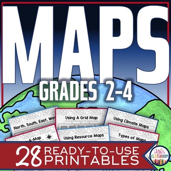 Preview of Map Skills Worksheets - Types of Maps, Cardinal Directions, Scale, Reading Maps