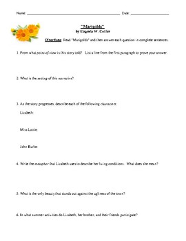 Preview of "Marigolds" by Eugenia Collier: Worksheet (or Test) with Detailed Answer Key