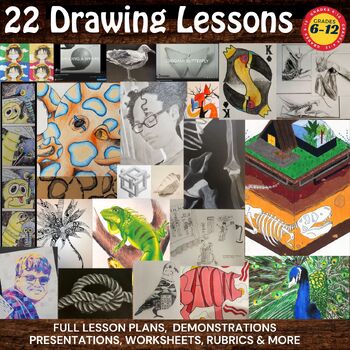 Preview of *Middle School Art, High School Art, Visual Art, 22 Drawing Lesson Bundle