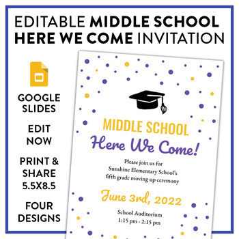 Preview of "Middle School Here We Come" graduation ceremony invitation: Fully Editable!