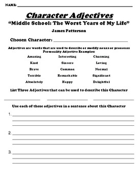 Preview of “Middle School: The Worst Years of My Life” CHARACTER ADJECTIVE WORKSHEET