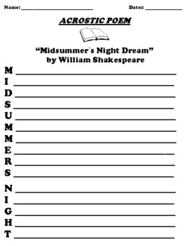 Preview of “Midsummer’s Night Dream” by William Shakespeare ACROSTIC POEM WORKSHEET