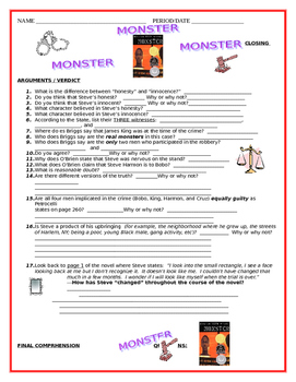 Preview of "Monster" by Walter Dean Myers - Closing Arguments and Verdict Questions