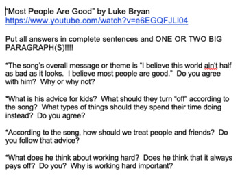 Preview of "Most People Are Good" - Luke Bryan song journal writing prompt