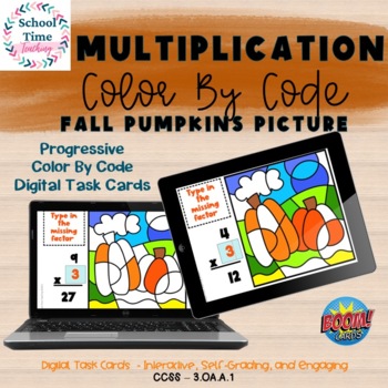 Preview of  Multiplication Missing Factor Color by Code Pumpkins Boom Cards