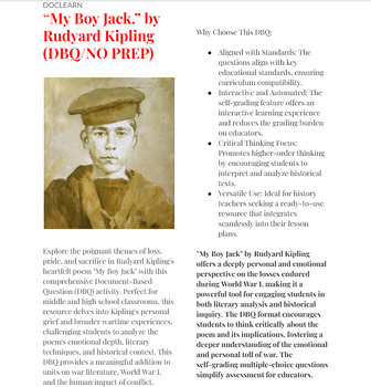 Preview of "My Boy Jack" by Rudyard Kipling - The Emotional Toll of War DBQ NO PREP