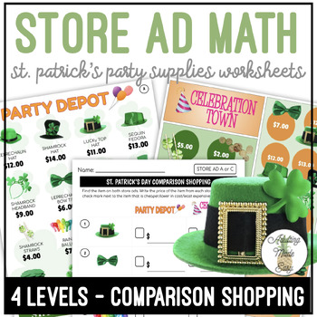 Preview of St. Patrick's Party Store Ad Math Comparison Shopping Worksheets