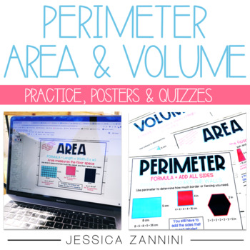 Preview of Perimeter, Area, Volume Worksheets, Anchor Charts, & Assessments