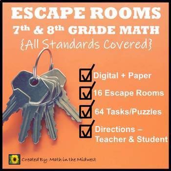 NO PREP 7th & 8th Grade Math Escape Rooms Bundle Distance Learning