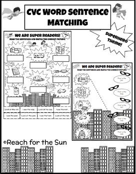 Preview of CVC Short Vowel Sentences Matching Activity- Superheroes Theme - NO PREP!-