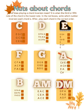 Preview of "NUTS ABOUT CHORDS"- Fall inspired chord inversions worksheet and activity