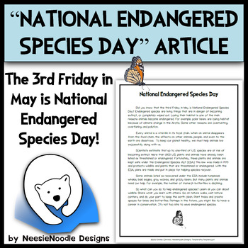 Preview of "National Endangered Species Day" Article, Questions, Context Clues Practice