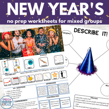 Preview of  New Year's No Prep Worksheets Speech Therapy Mixed Groups 