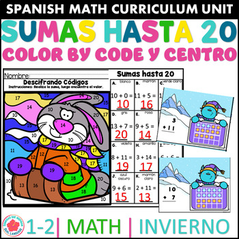 Preview of Sumas hasta 20 Invierno Colorea Centro Color by code & Center Winter