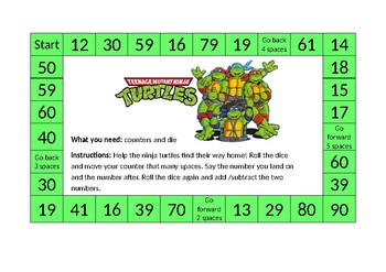 Preview of 'Ninja Turtles' themed addition and subtraction board game - differentiated