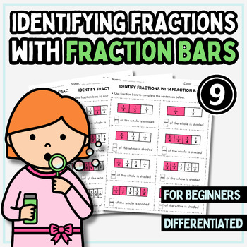 Preview of ❤️ No Prep 3rd grade Fraction Bars Identifying Fractions worksheets Task Cards