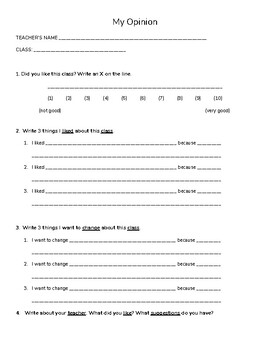 Preview of **Novice** ESL Student Evaluation / End of Course Survey of Teacher and Class