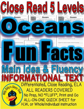 Preview of "Oceans Fun Facts" Close Reading 5 Leveled Passages Print-n-Go Main Idea Fluency