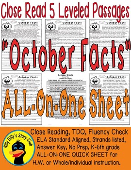 Preview of "October Fun Facts" Close Read 5 Level Passages Fluency TDQ's Informational Text