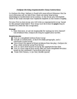 Preview of "Oedipus the King" Fate/Free Will Argumentative Essay Prompt & Rubric