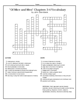 Preview of "Of Mice and Men" Section 2/3 Chapters 3-4 Crossword Puzzle (WITH Bank) OMAM