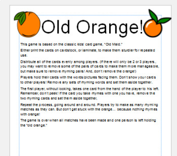 Preview of "Old Orange" rhyming/word family card game