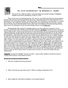 Preview of "On Civil Disobedience" (excerpt) by Gandhi --Analysis Worksheet