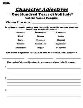 Preview of “One Hundred Years of Solitude” CHARACTER ADJECTIVE WORKSHEET