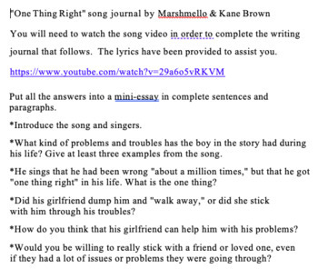 Preview of Relationships - "One Thing Right" song writing prompt