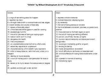 Othello﻿ by William Shakespeare Act 5 Vocabulary Crossword TPT