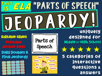 Preview of "PARTS OF SPEECH" Middle or High School ELA JEOPARDY! - version 3 of 10