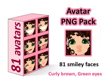 Preview of ♡ PNG Pack 81 avatars. Girl Faces.  BROWN CURLY HAIR, GREEN EYES