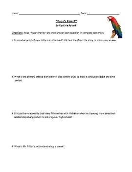 Preview of "Papa's Parrot" Worksheet or Test with Detailed Answer Key