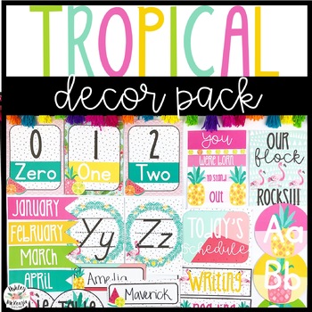 Preview of Tropical Flamingo Themed Classroom Decor Pack! -Editable