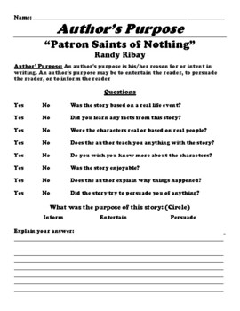 Preview of “Patron Saints of Nothing” Author's Purpose Worksheet & Word Search