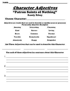 Preview of “Patron Saints of Nothing” Randy Ribay  CHARACTER ADJECTIVE WORKSHEET