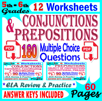 Preview of Prepositions and Conjunctions Worksheets. Grammar Practice. 5th-6th Grade ELA
