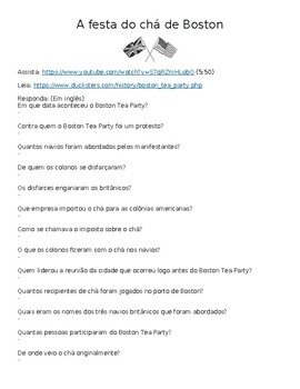 Preview of (Portuguese) Boston Tea Party "Watch, Read & Answer" Online Assignment (Word)
