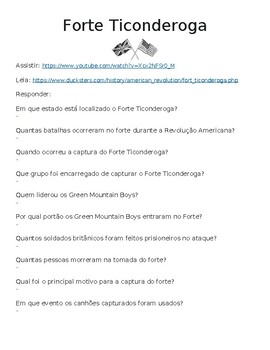 Preview of (Portuguese) Fort Ticonderoga "Watch, Read & Answer" Assignment