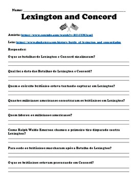 Preview of (Portuguese) Lexington and Concord "Watch, Read & Answer" Assignment