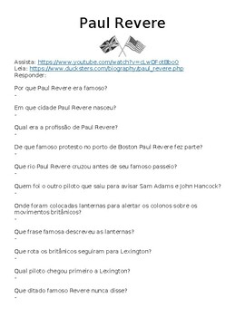 Preview of (Portuguese) Paul Revere "Watch, Read & Answer" Assignment