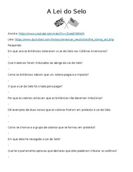 Preview of (Portuguese) The Stamp Act "Watch, Read & Answer" Online Assignment (Word)