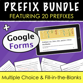 Preview of PREFIX BUNDLE - 20 Google Forms and 10 Printable Quizzes, Word Lists, and Charts